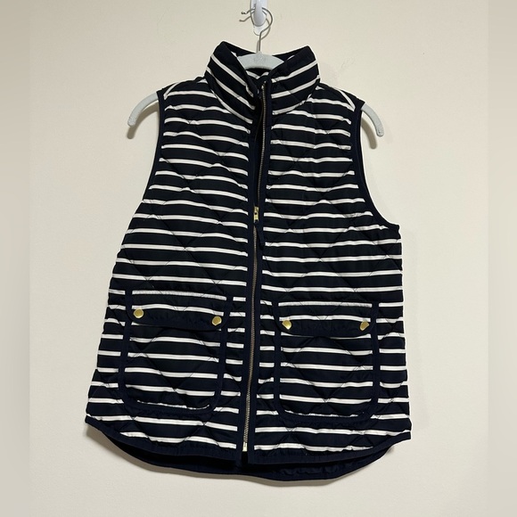 J. Crew Women Small Navy White Quilted Stripe Nautical Feather Down Puffer Vest - Picture 1 of 5